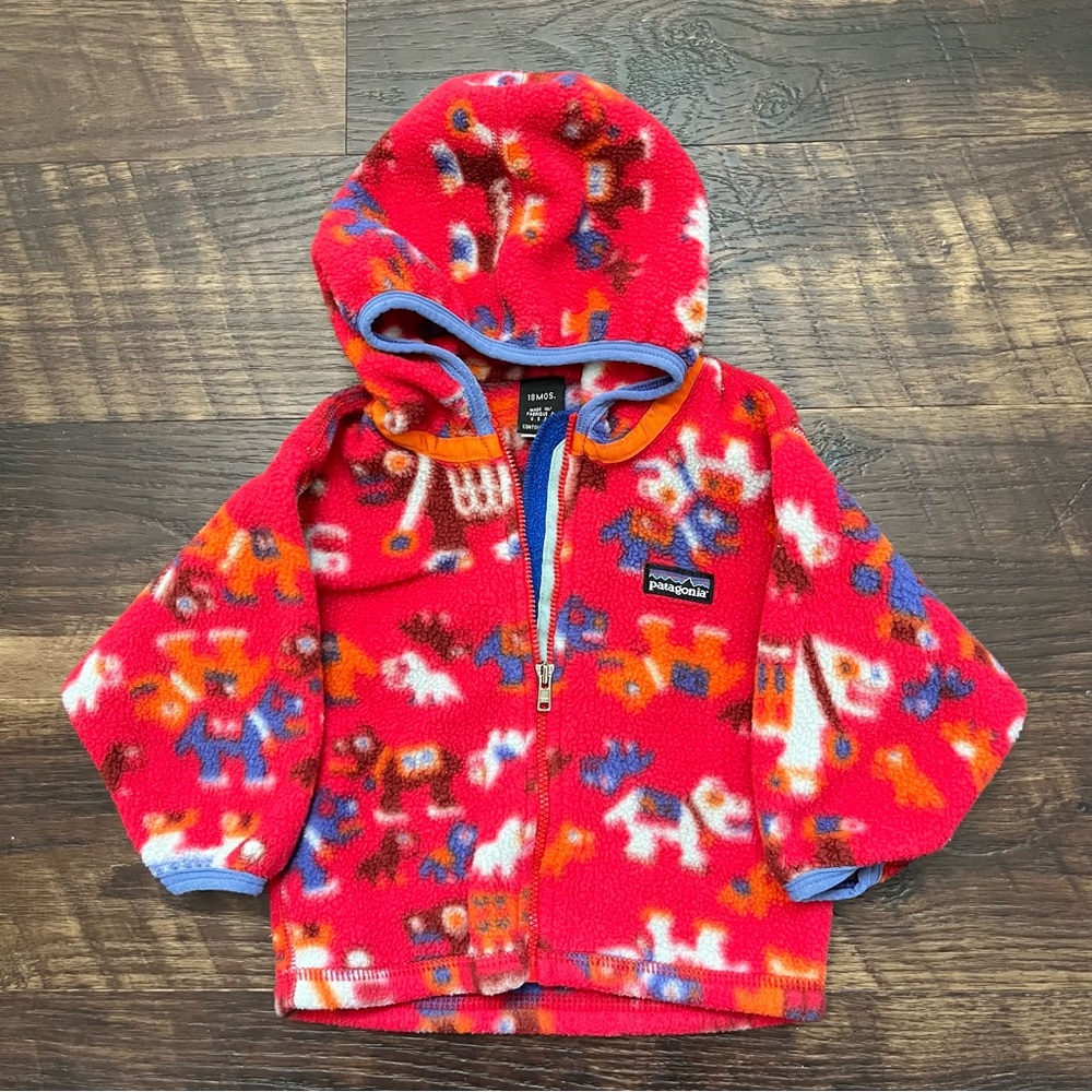 Vintage 90s Patagonia Synchilla colorful animal print full zip hooded jacket 18m